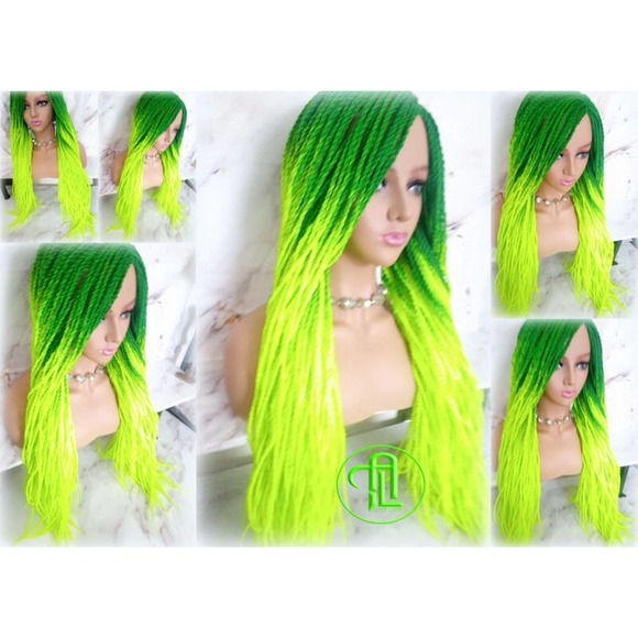 Green Florescent  Ombre Senegalese Twist Braid Wig Glow in The Dark Braids Neon - Picture 6 of 9